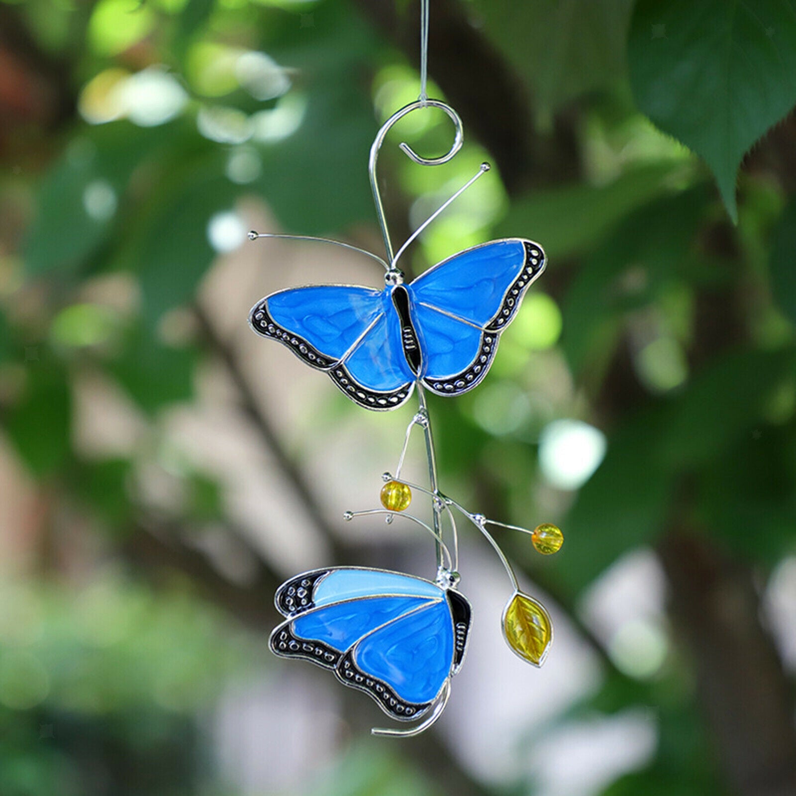 Blue Butterfly Stained Glass Suncatcher Hanging Panel Garden Decoration