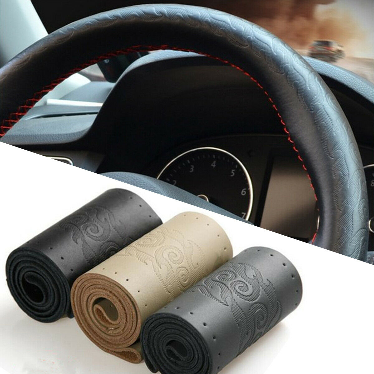 Manual Sewing leather printing Steering Wheel Covers Black & red line