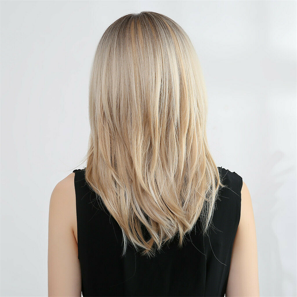 20inch Medium Length Straight Layered Side Part Wig with Inclined Bangs, Natural