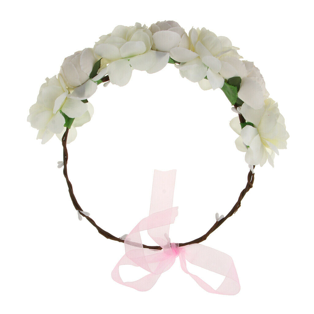 Silk Flower Wreath Headband Garland Wedding Festival Party Hair Costume - Beige,
