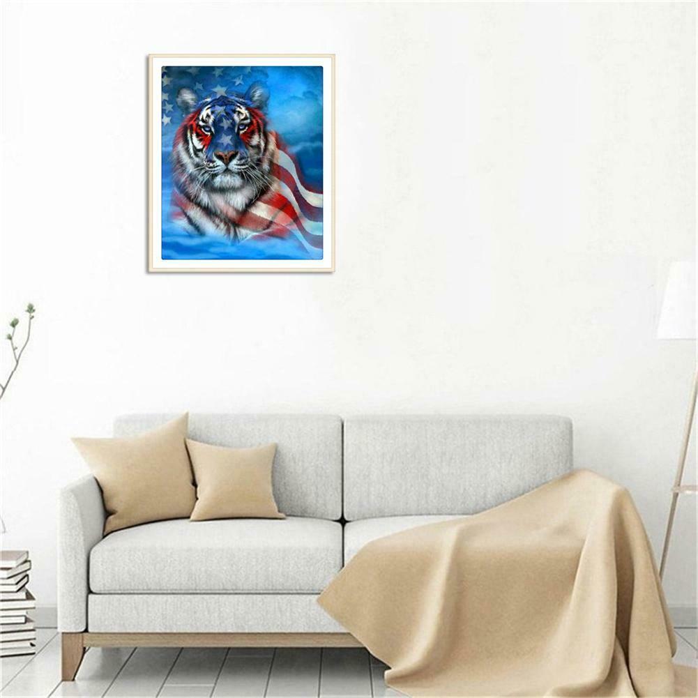 The US Flag Tiger 5D Full Drill Round Diamond Painting Embroidery Kits Gift @