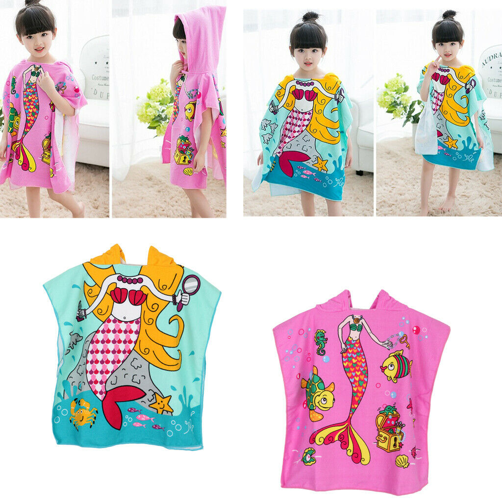 2Pcs Toddler Hooded Bath Robe, Cute Mermaid Soft Beach Towel, Swim Pool Coverup