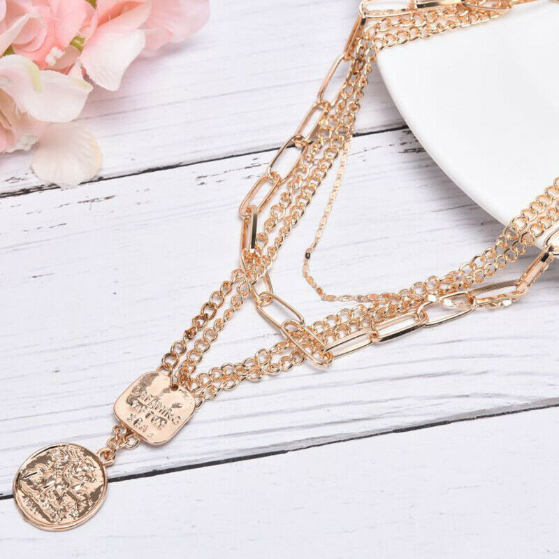 Fashion Women Multilayer Portrait Coin Pendant Choker Necklace Jewelry Gi.l8