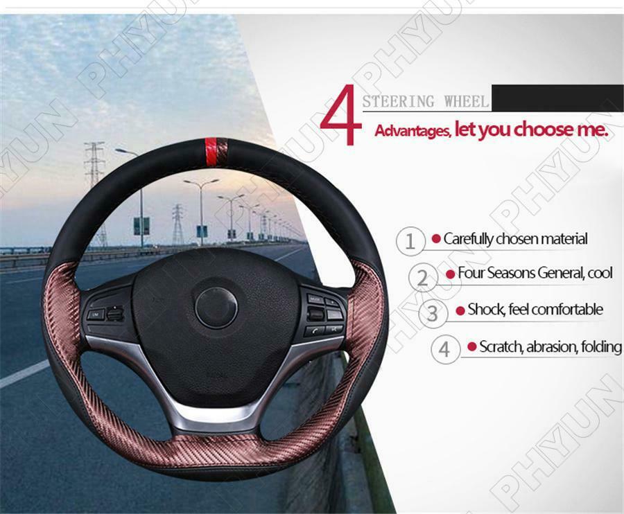 37-38cm Brown Carbon Fiber PU Leather Car Steering Cover Breathable Universal