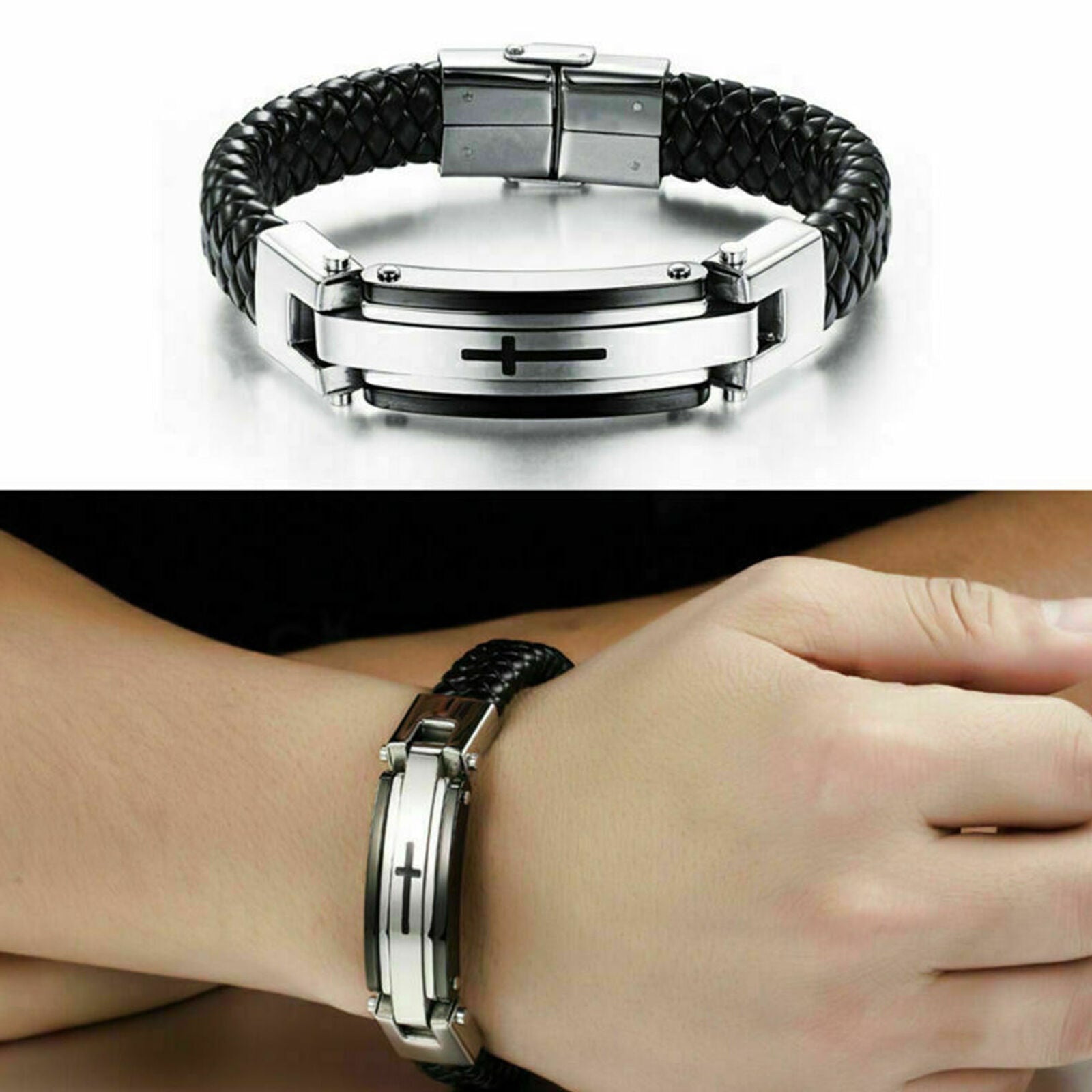 Black Leather Braided Stainless Steel Cross Men's Charm Bracelet Wristband Cuff