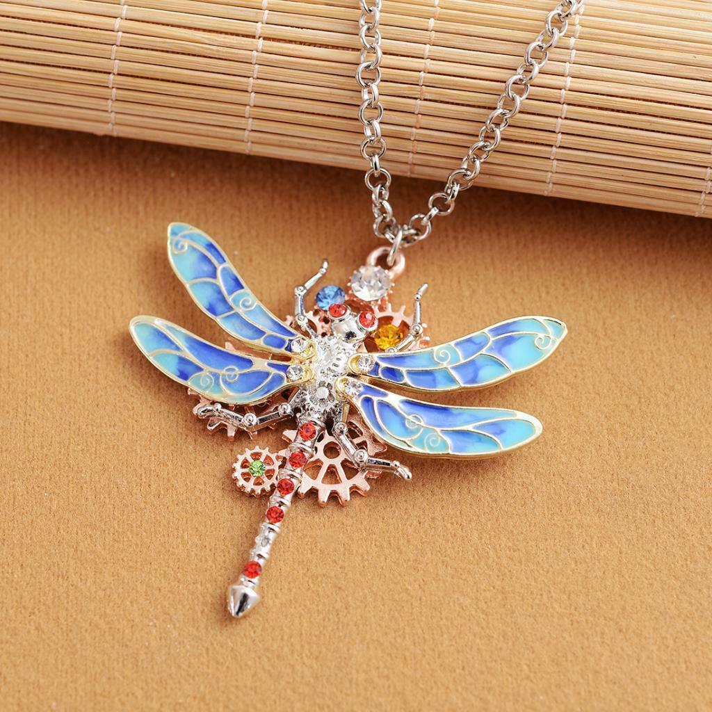 Steampunk Crystal Dragonfly Shaped Gear Pendant Women Gothic Necklace  Red