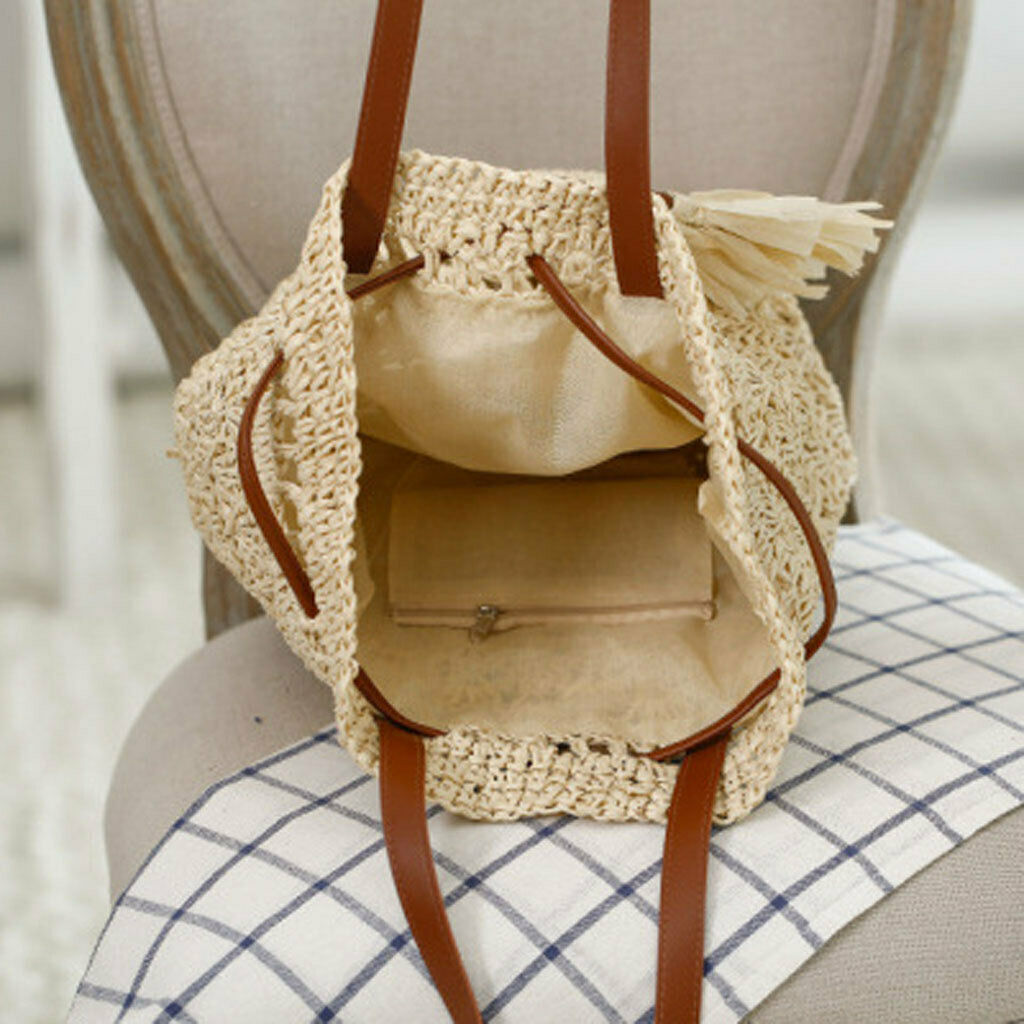 Ladies Handbag Drawstring Tote Straw Woven Purse Beach Shoulder Bag Beige