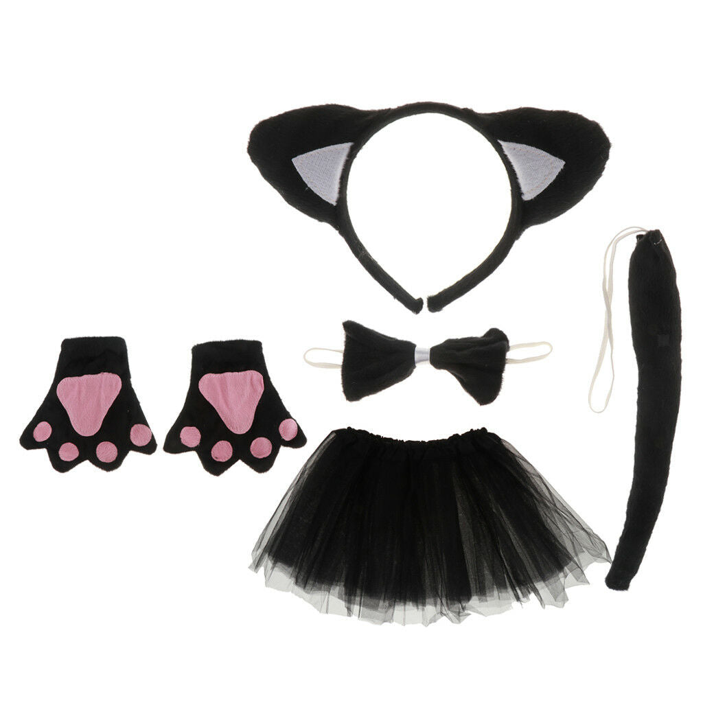 Girls Kids Black Cat Kitty Costume Headband Skirt Bowtie Paw Tail Outfit