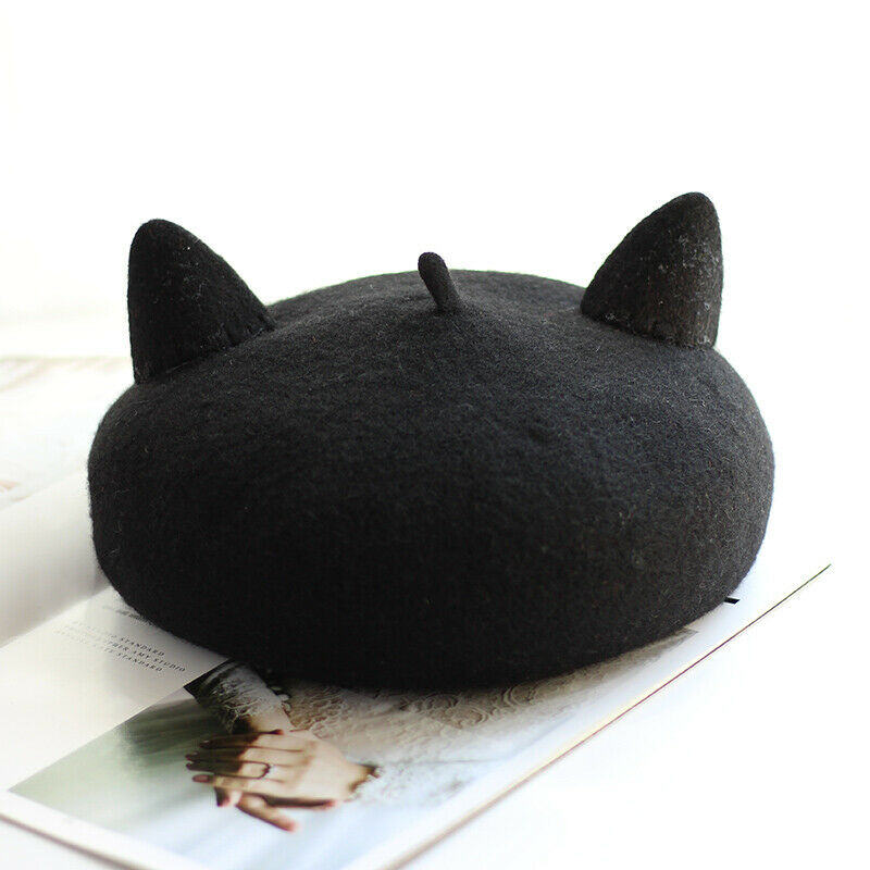 Lady Beret Cap Painter Hat Lolita Wool Blend Black Cat Ear Beanie Thermal Winter