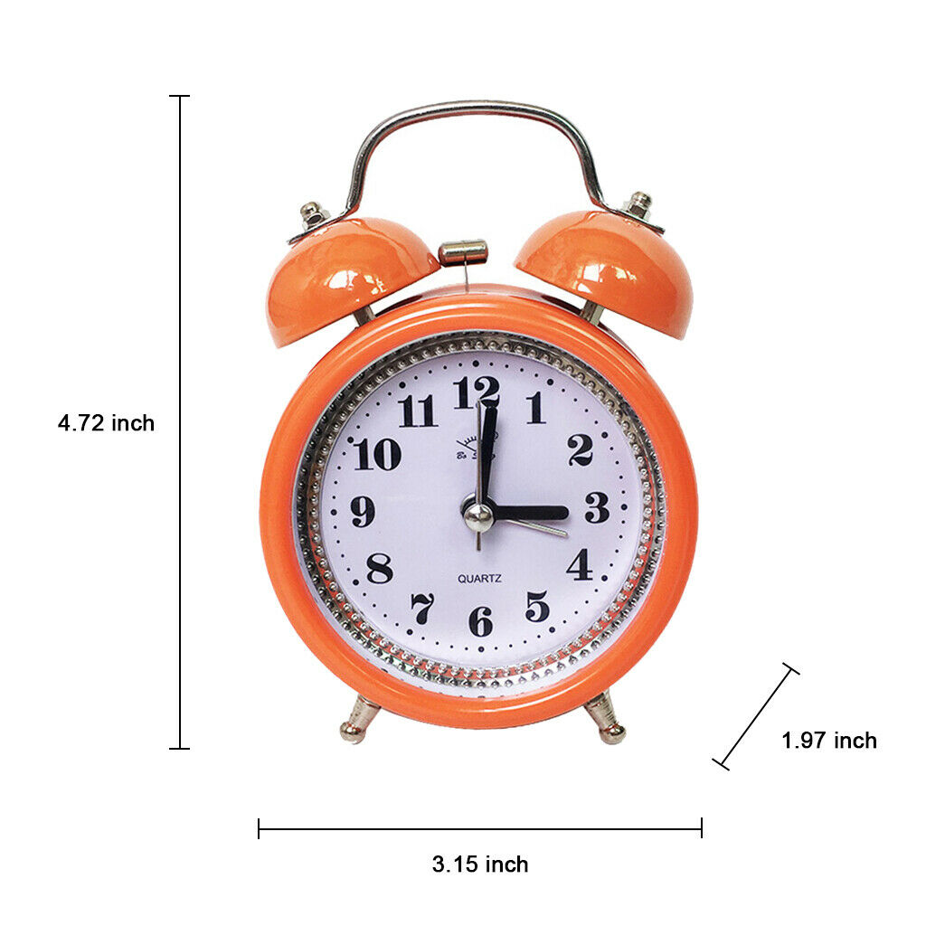 Retro metal double bell alarm clock bedside clock with orange night light