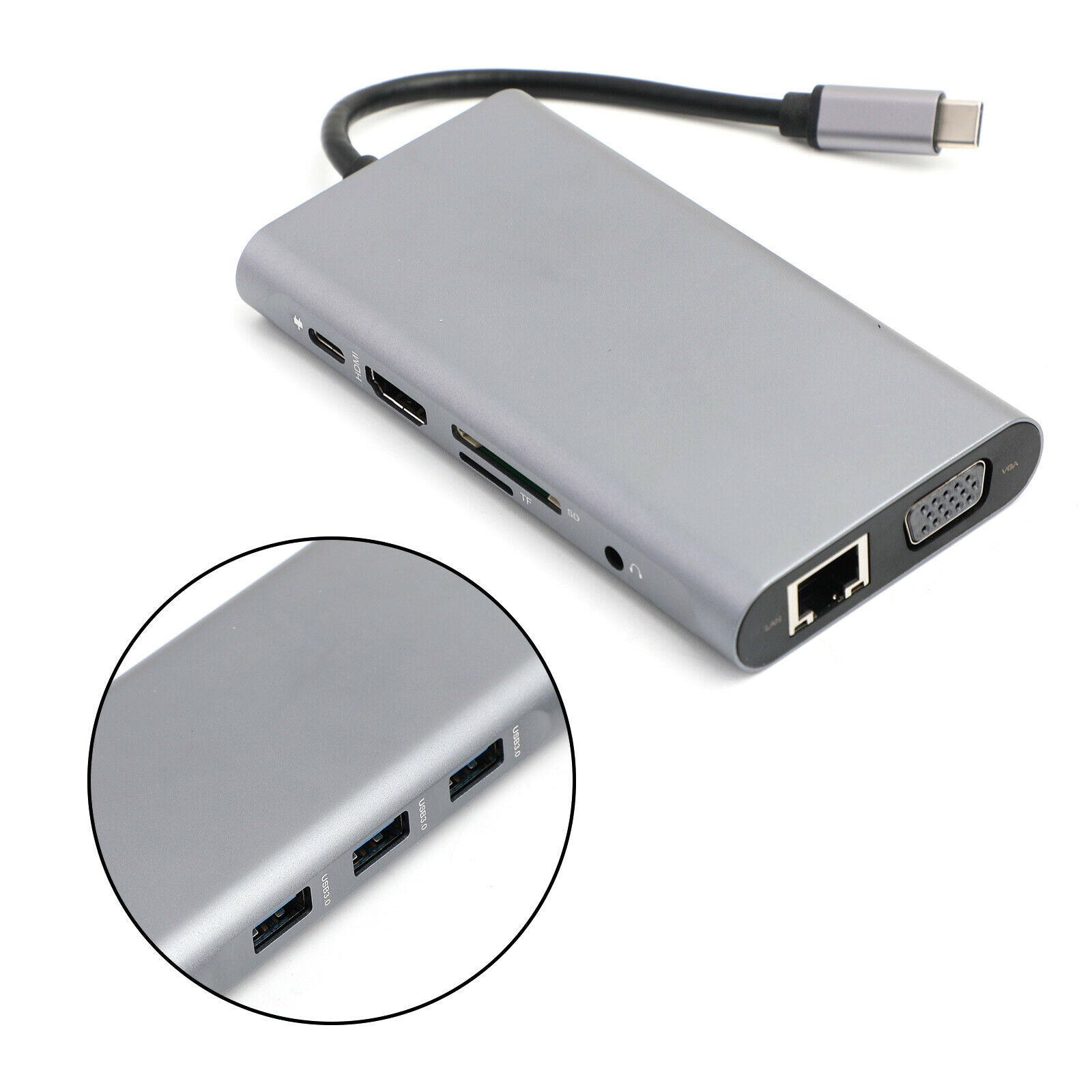 10-in-1 Multi-function USB3.0 Hub Adapter USB Type C Docking 4K HDM VGA RJ45 CA