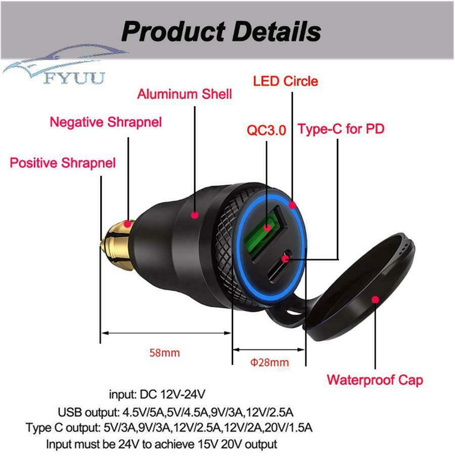 For BMW QC3.0USB Type C PD Hella DIN Plug Socket Fast Charger Adapter Waterproof