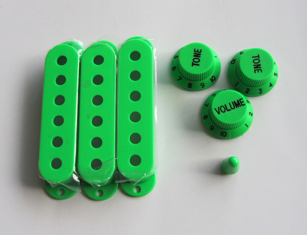 Green Strat Style Knobs,ST Single Coil Pickup Covers and 5 Way Switch Tip