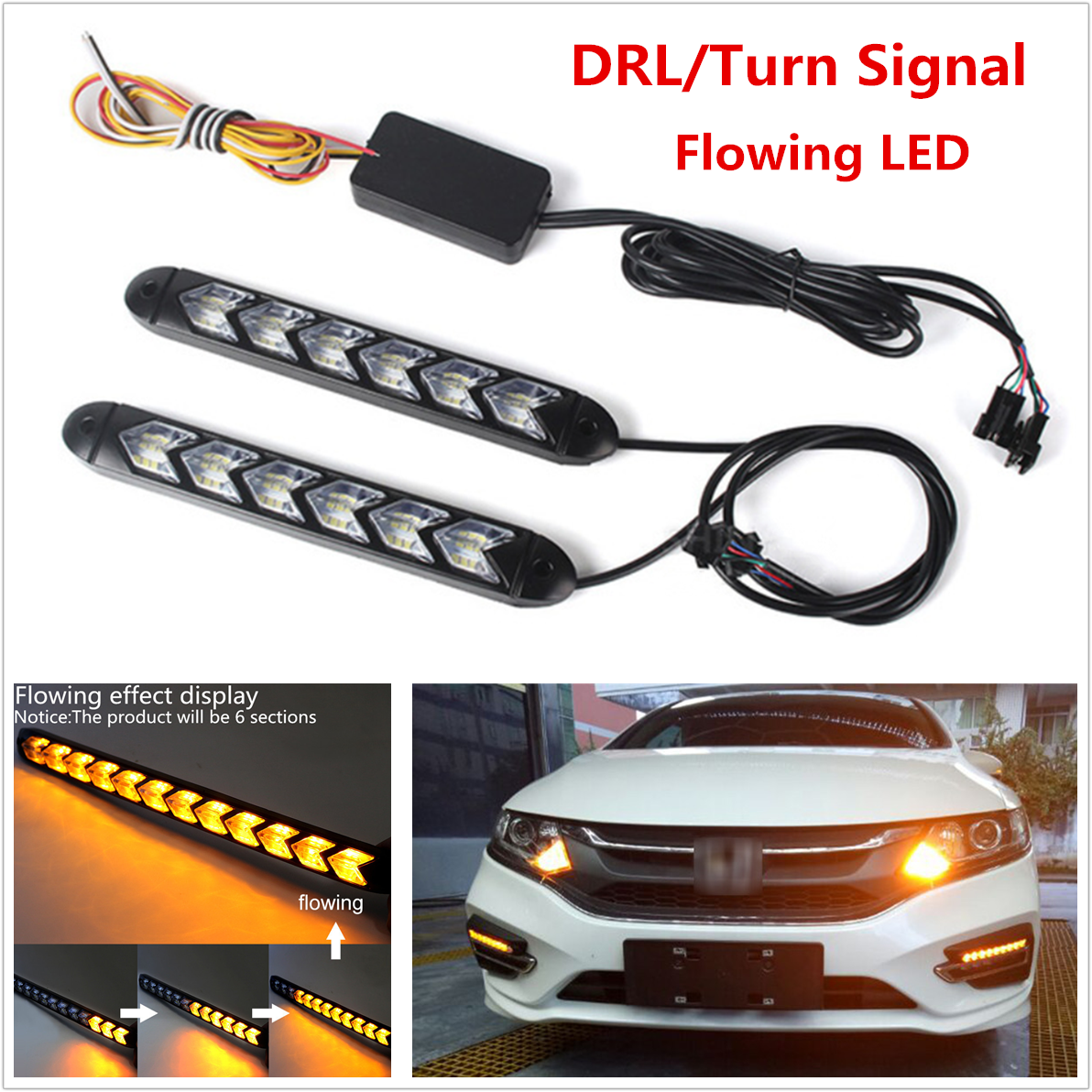 2x Car DRL White/Amber Switchback Flowing LED Headlight Flasher DRL Turn Signals
