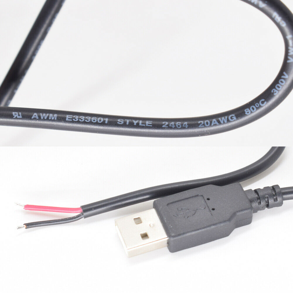 5pcs 1M/3.3FT 20AWG USB 2.0 Male Plug 2pin wire DIY Pigtail cable Black