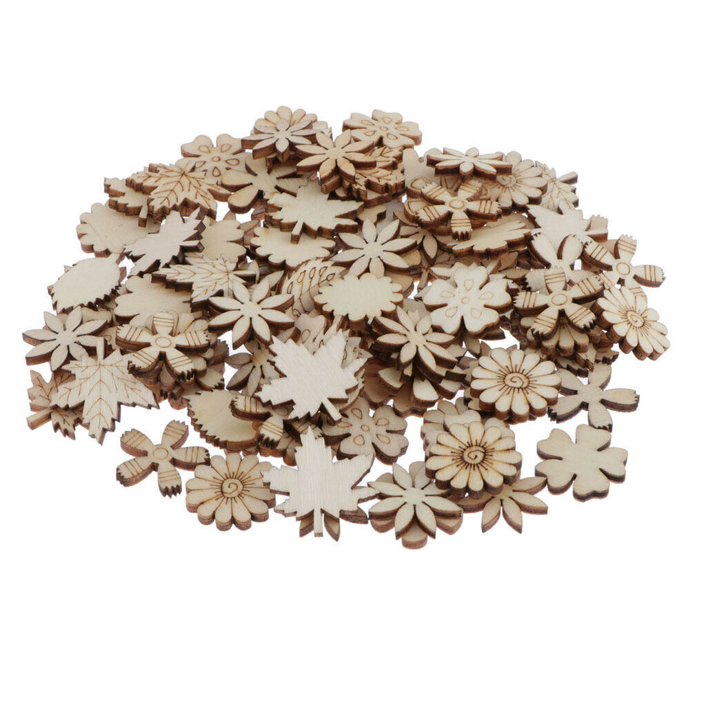 100Pcs Flower and Leaf Shapes Blank Wood Heart Embellishments Wood Birds Slices