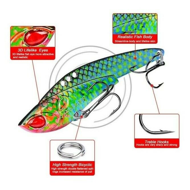 6x Metal Lead Jig Fishing VIB Lure Saltwater Sequins Spoons Bait &Treble Hooks