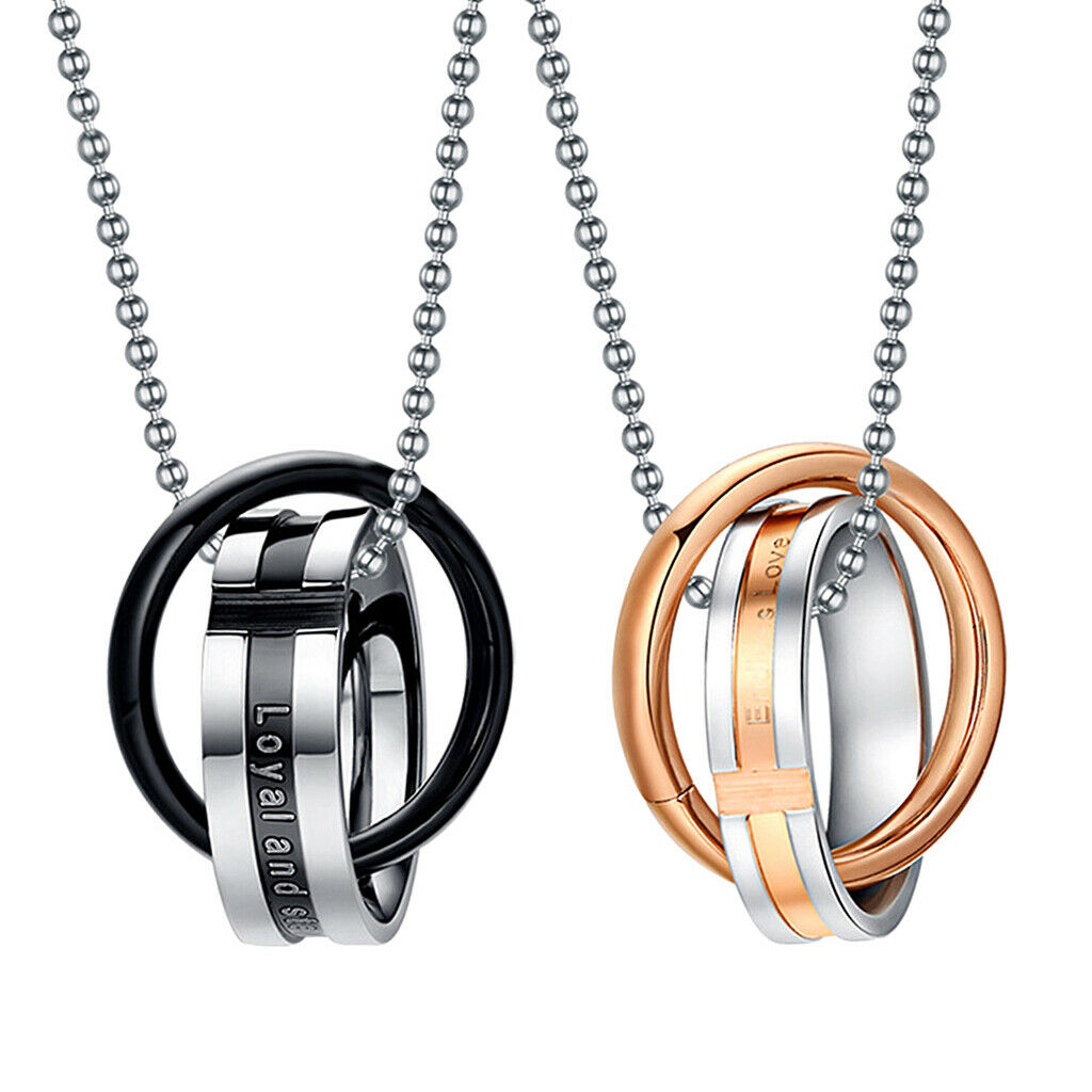 2 Pieces 316L Stainless Steel His Hers Double Ring Pendant Necklace Jewelry