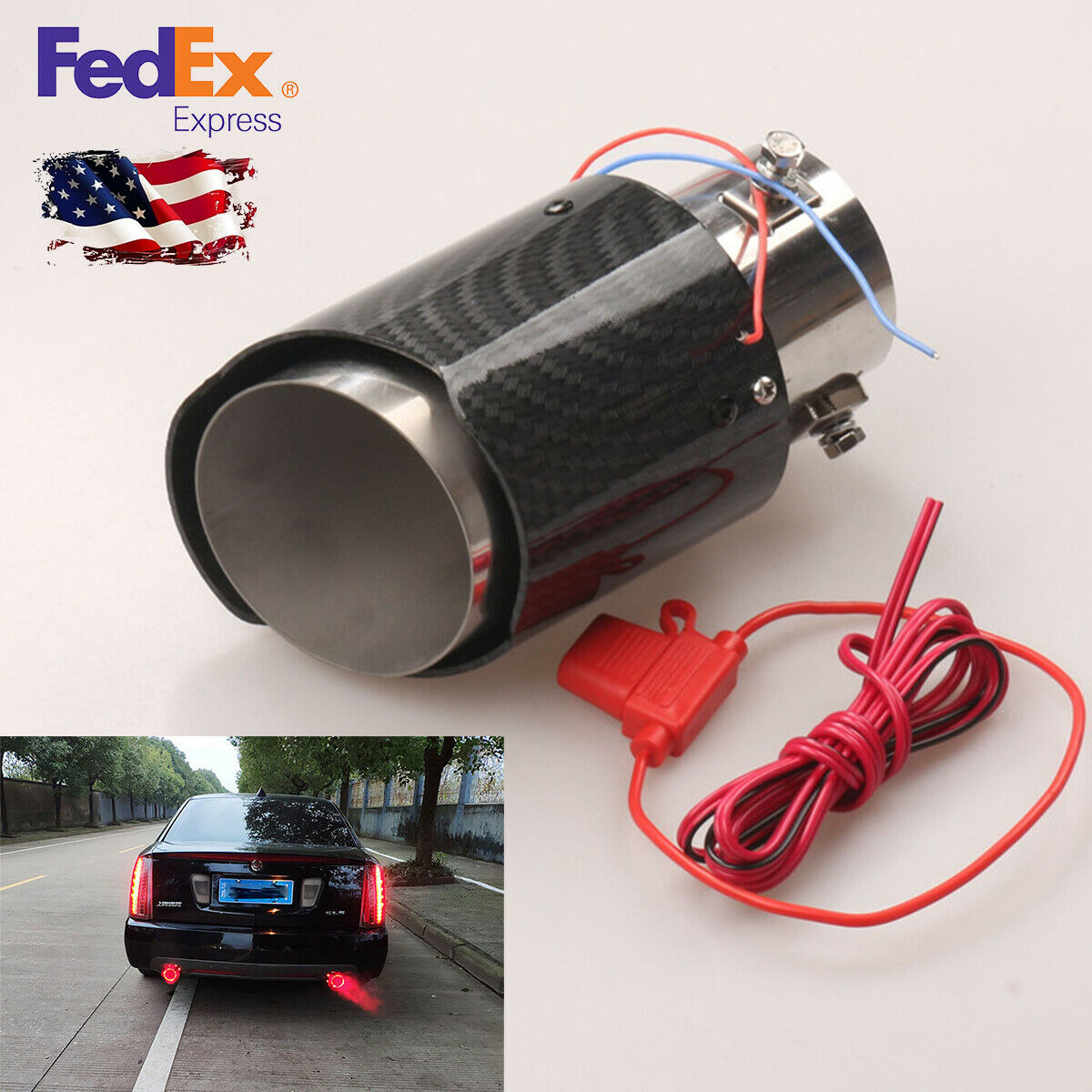 Carbon Fiber Look Car SUV Exhaust Muffler Pipe W/ RED LED Light 35-61mm Inlet
