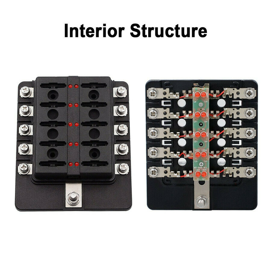 10-Way Blade Fuse Box Block Holder LED Indicator w/ Fuses for 12V 24V Car Marine