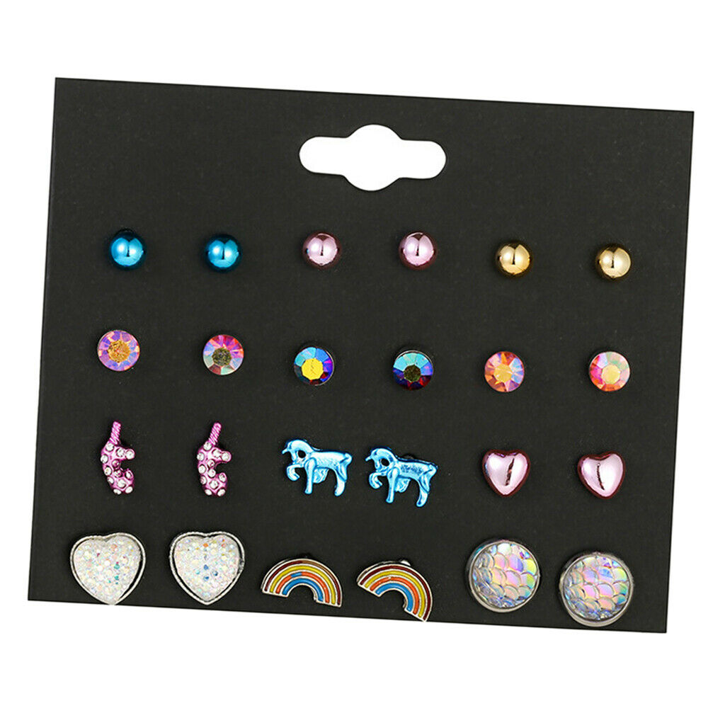 12 Pairs Set Girls Cute Animals Heart Rainbow Unicorn Stud Earrings Set