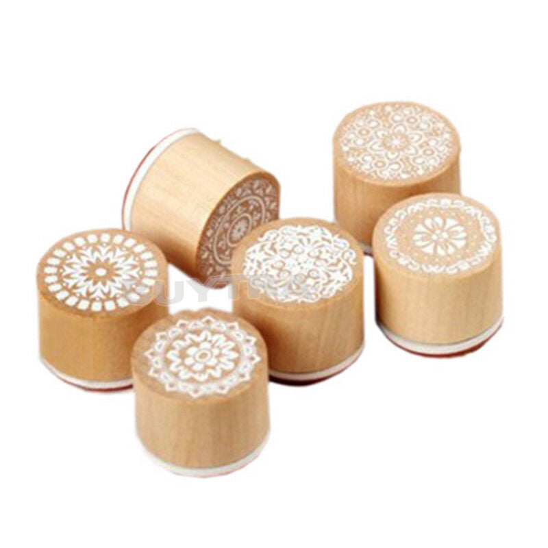 6X Assorted Wooden Rubber Stamp Round Shape Handwriting Floral Flower Cra C XC