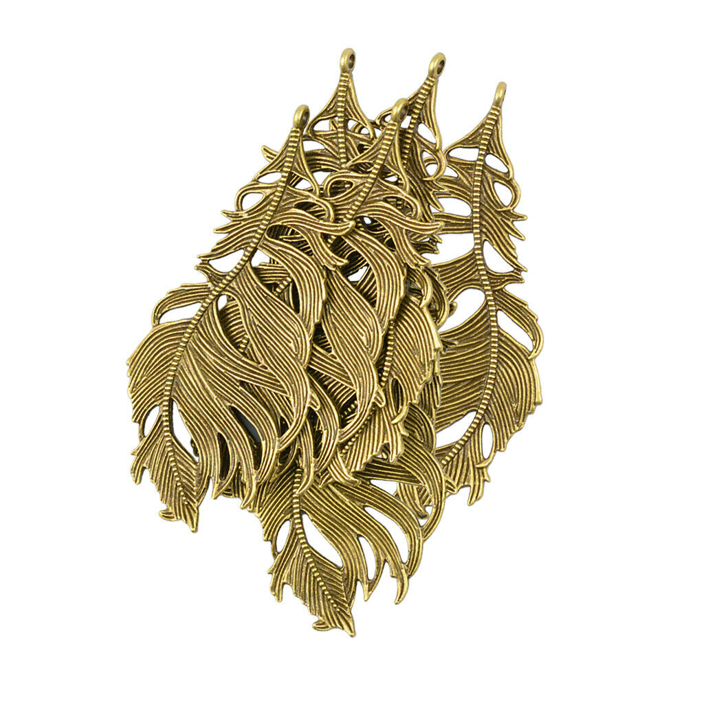 6pcs Bronze Large Filigree Leaf Feather Pendant for Necklace Bracelet Design