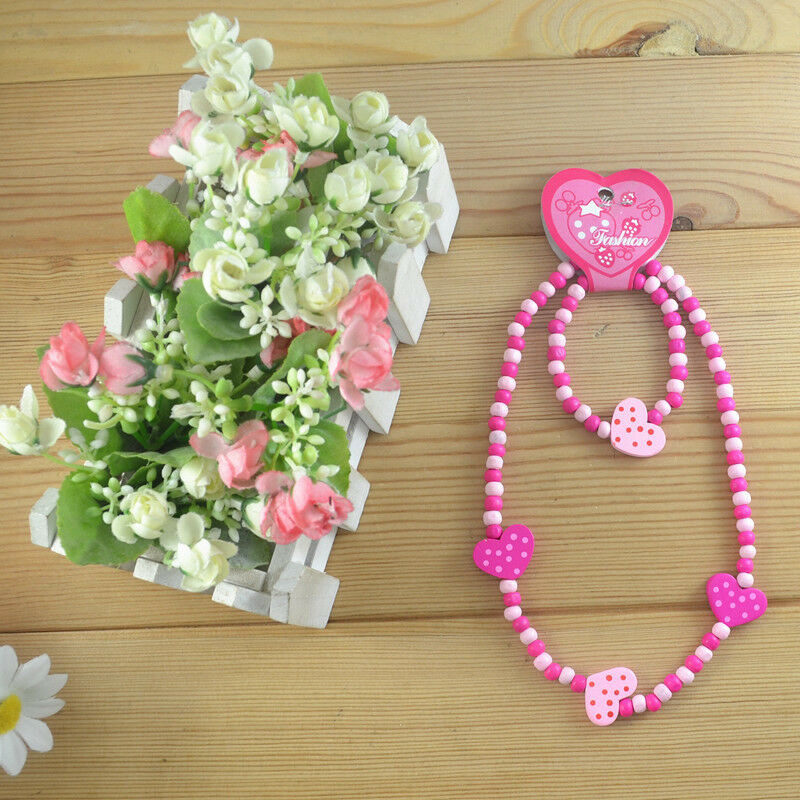 1 Set Cute Pink Heart Bead Kid Child Necklace Bracelet Jewelry Sets For Girls