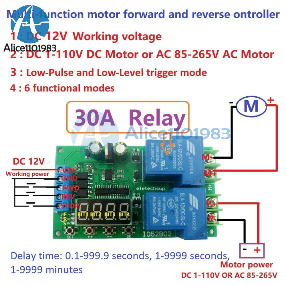 30A 12V Multifunction DC/AC Motor Forward & Reverse Start Stop Delay Module