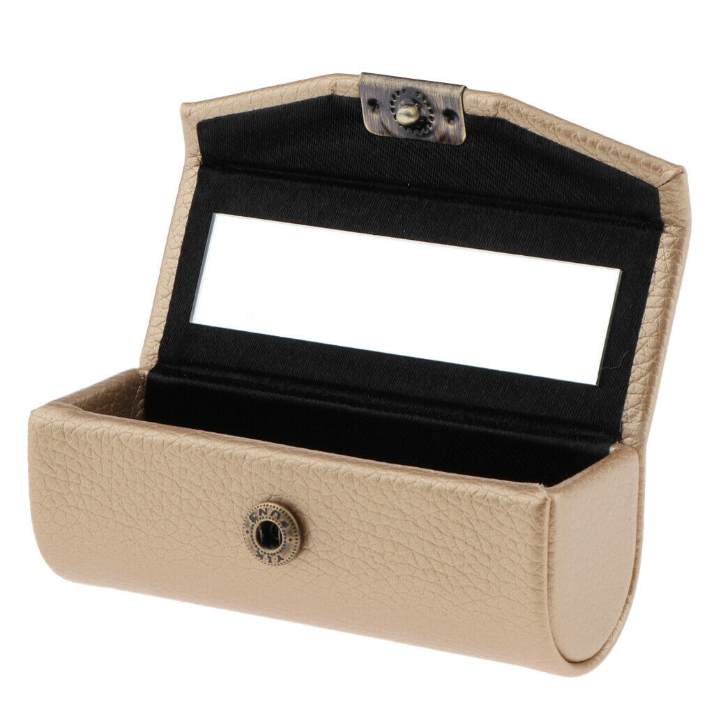 Leather Lipstick Case Holder Storage Box mirror Purse Pocket Pink Golden