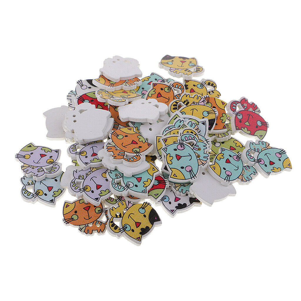 50pcs Lovely Cartoon Cat 2 Holes Wooden Buttons Decorative Buttons For DIY
