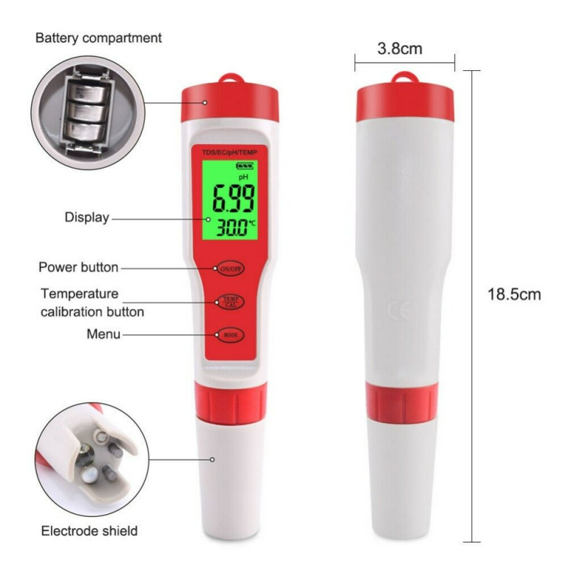 4-In-1 Purity Pen 0.00ï½ž14.00Phtds/ec/ph/temp Meter Digital Water Quality Tester