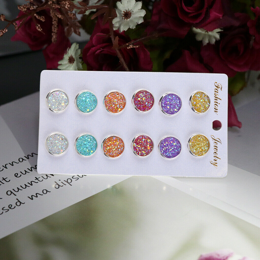 6 Pairs  Stainless Steel Shiny Crystal Austrian Round Stud Earrings Set Jewelry