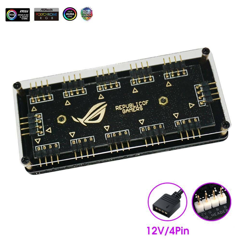 12V 4Pin RGB 10 Ports Hub Splitter With PMMA Case RGB Adapter PC Fan Cooler!