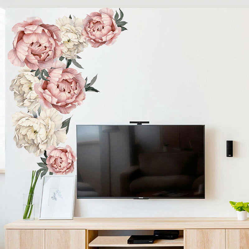 Pink Peony Flower Wall Stickers Romantic Home Decor for Bedroom Living Ro.l8