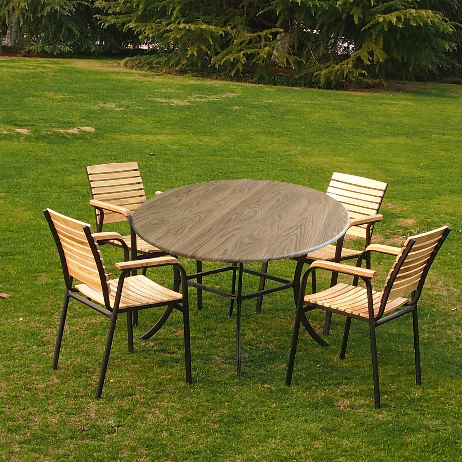Round PVC Tablecloth Waterproof Table Cover Home Decor Wood Pattern