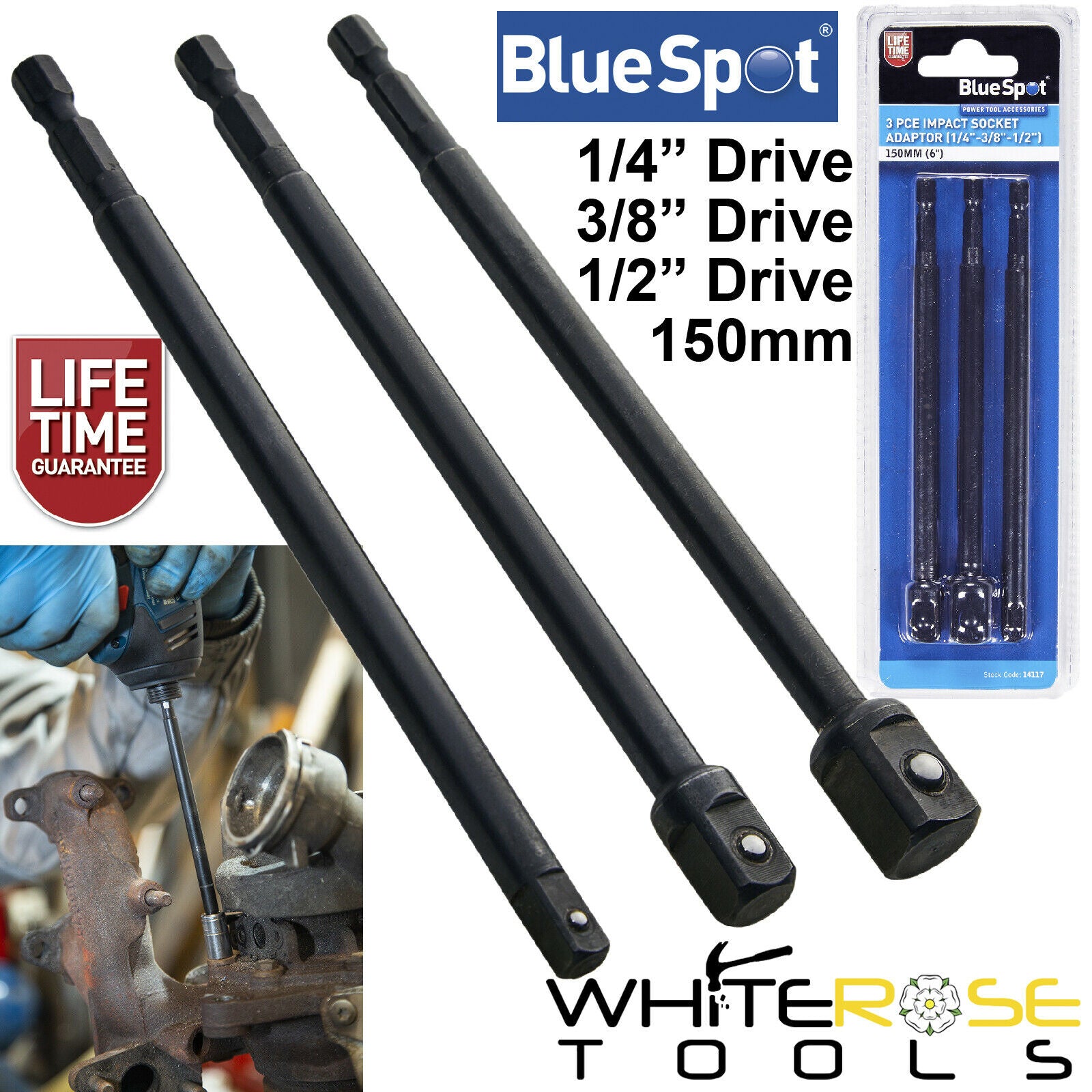 BlueSpot Impact Socket Adaptor 150mm 6in 1/4" 3/8" 1/2" Drive 3pc Set