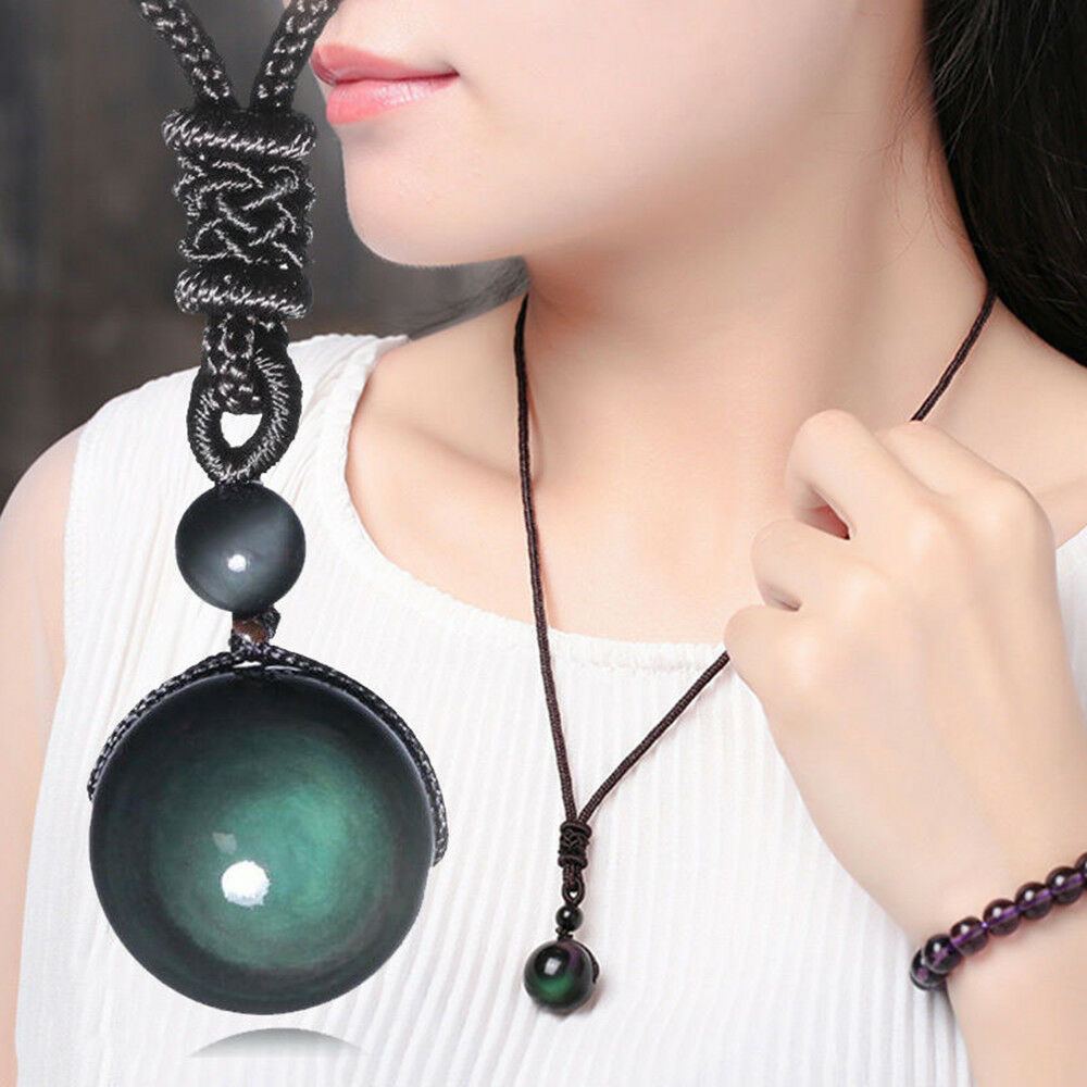 Fine Men Women Retro Weaving Necklace Obsidian Stone Lucky Pendant Jewelry Gift