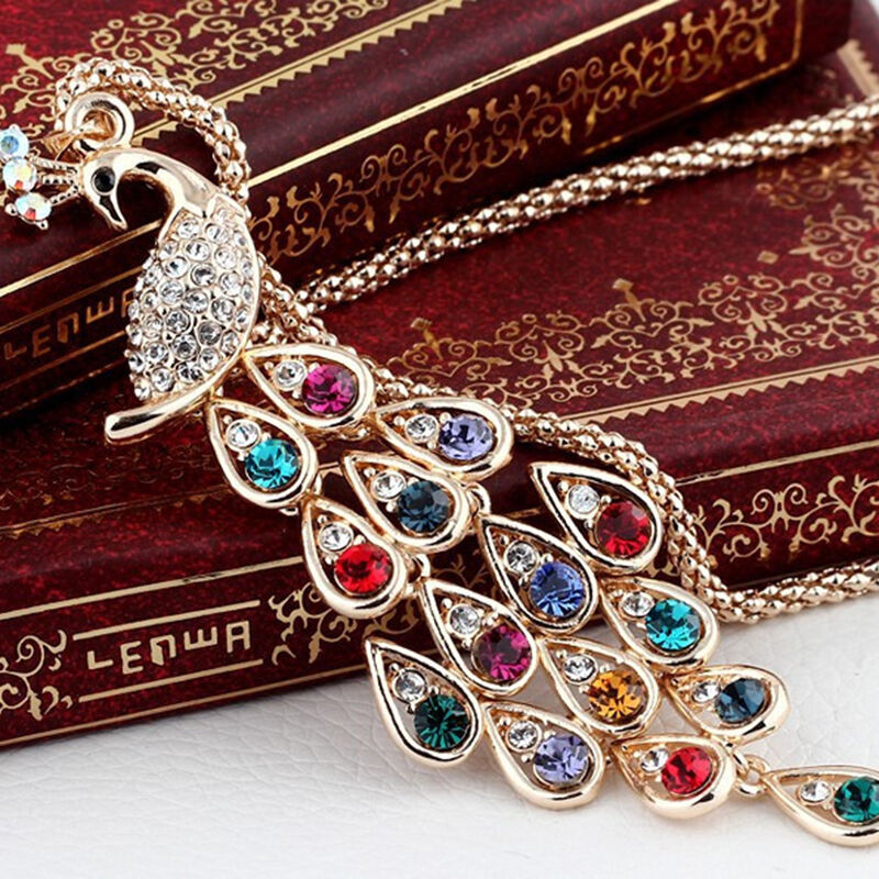 Trendy Peacock Pendants Long Colorful Crystal Necklace for Women Beaut.l8