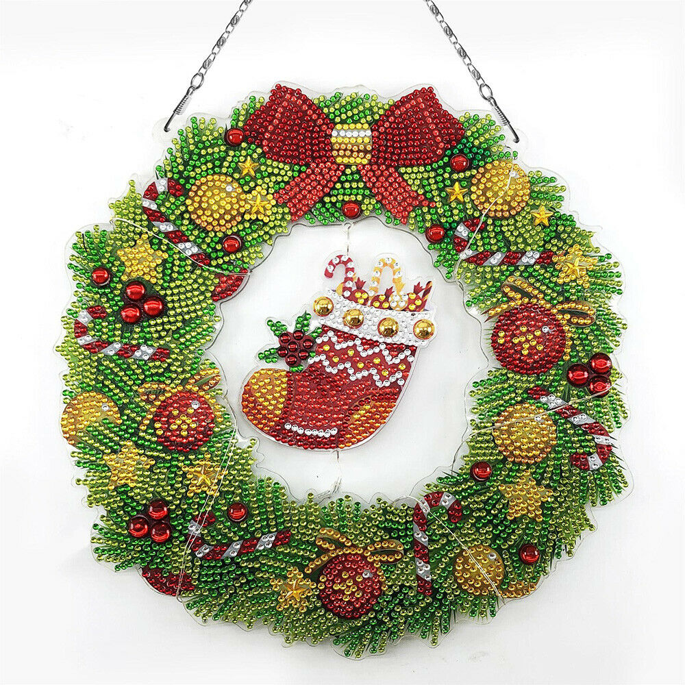 DIY Diamond Painting Wreath with LED Light Art Craft Kits Christmas Home Decor