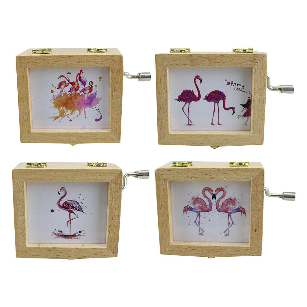 Wood Hand Crank Musical Box Flamingo Decor for Birthday Gift Exquisite
