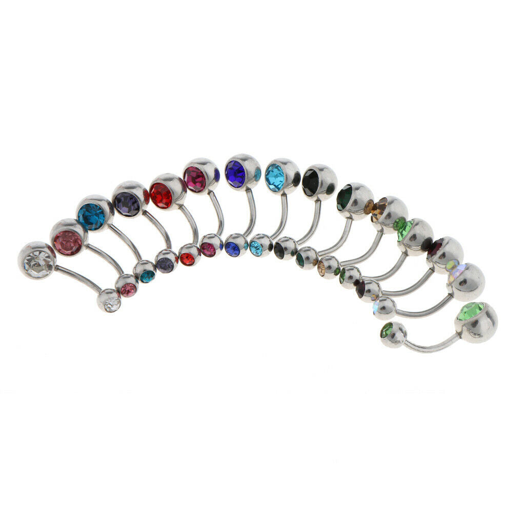 15pcs Belly Bar Double Gem Navel Barbell Belly Button Stainless Steel 14g