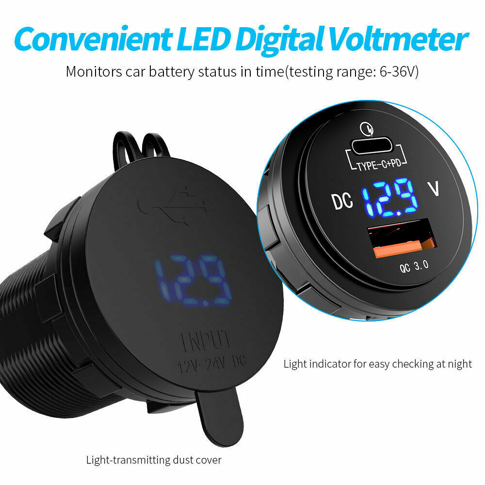 USB-C Car Charger Quick Charge 3.0 TypeC USB Charger Socket 12-24v for Car Truck