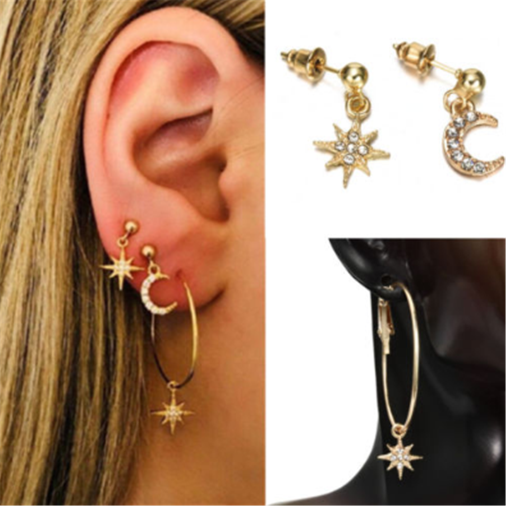 4PC Bohemian Large Circle Earrings Ear Clip Crystal Moon Star Stud Jewelry Kits