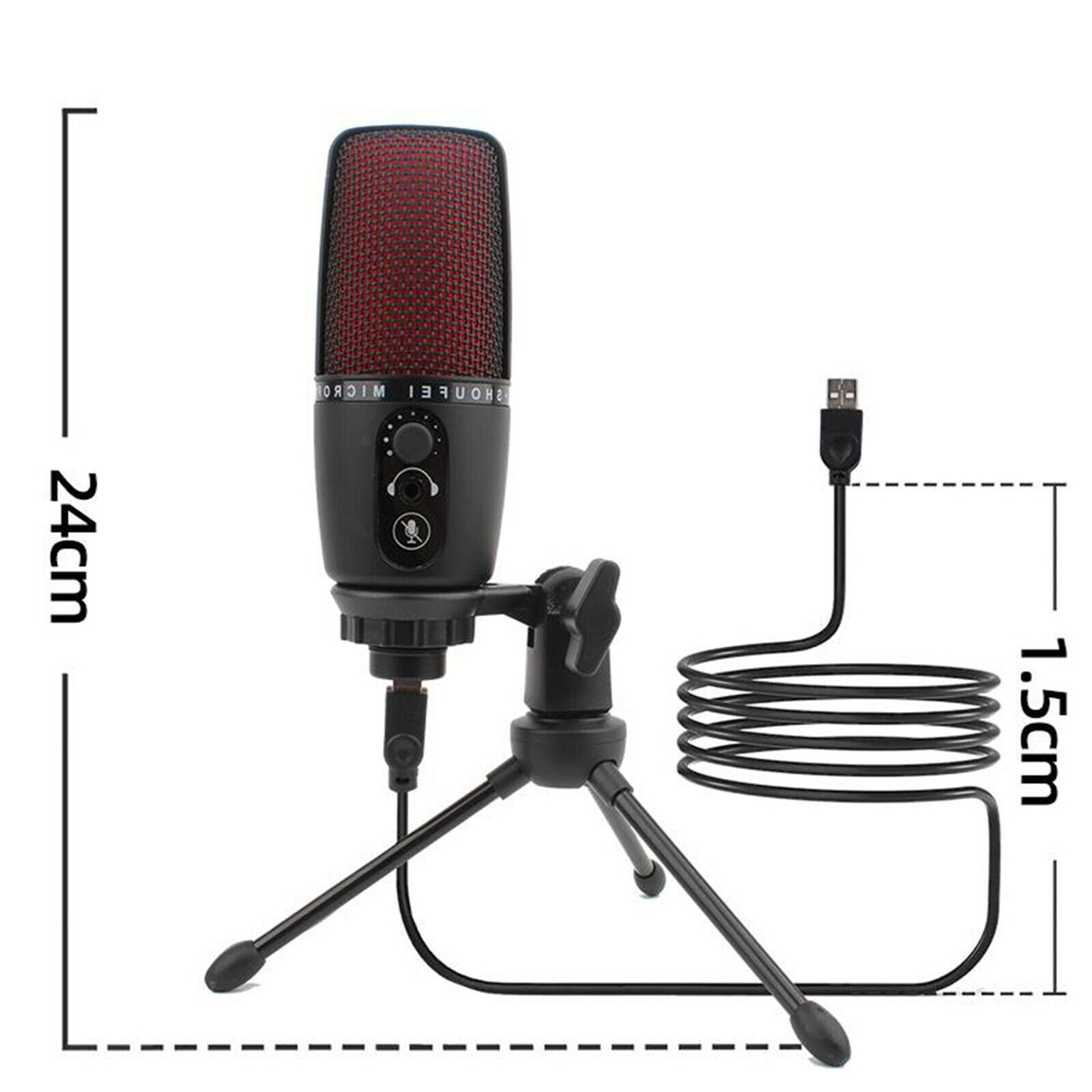 Portable USB audio condenser microphone with tripod for computers Red LED