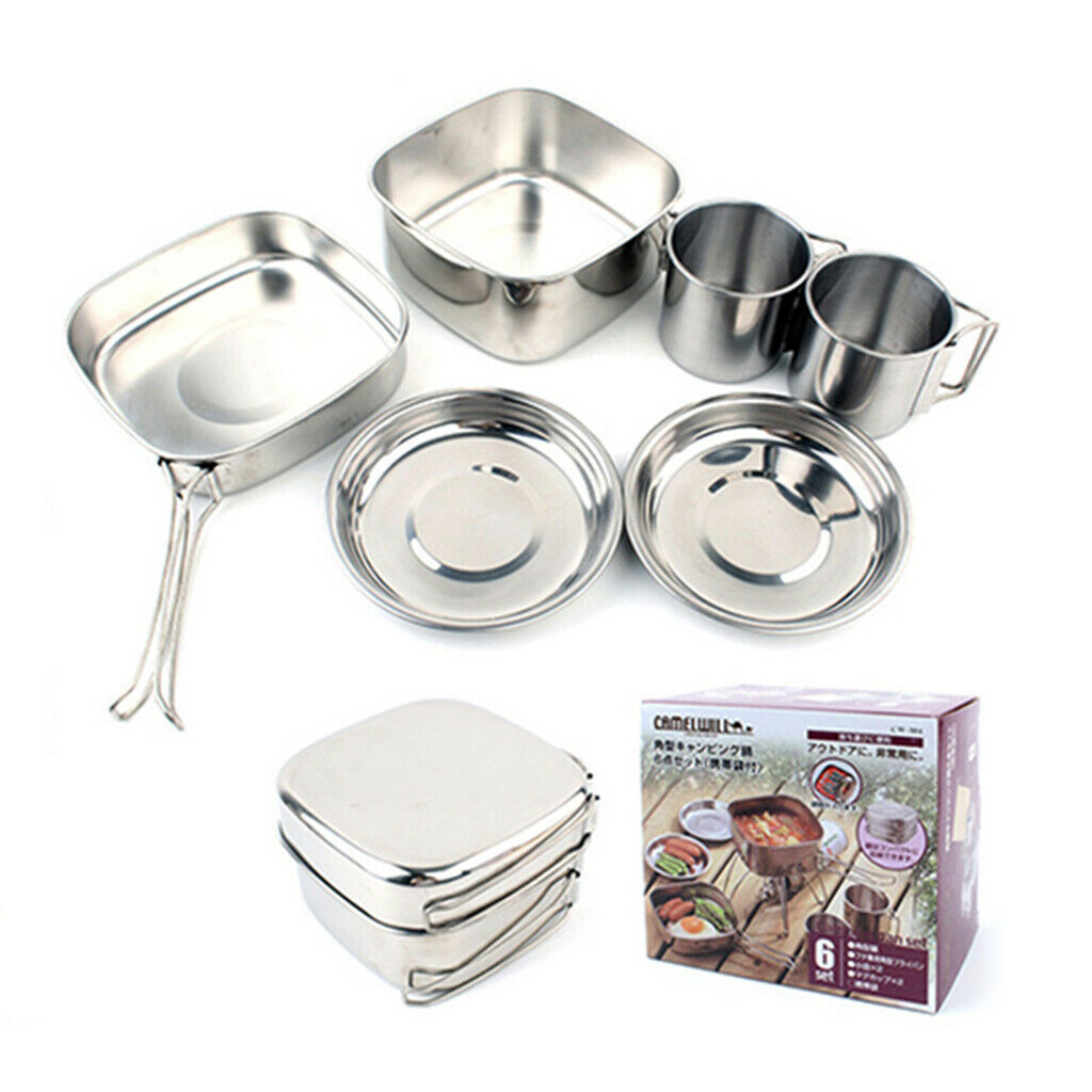 6pcs Camping Cookware Picnic Cooking Wok Stock Pot Cups Plate Tableware Sets