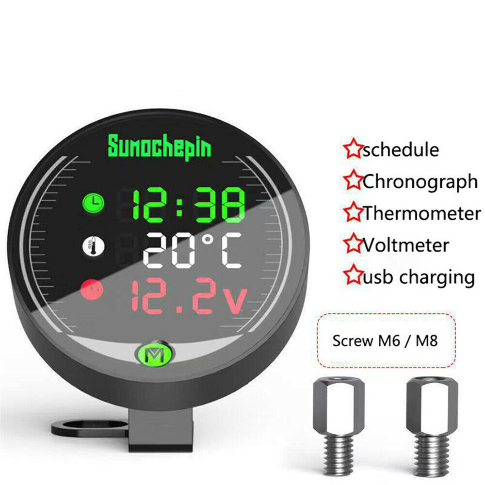 5 in 1 Motorcycle Scooter Voltmeter Thermometer Clock USB Charger Universal