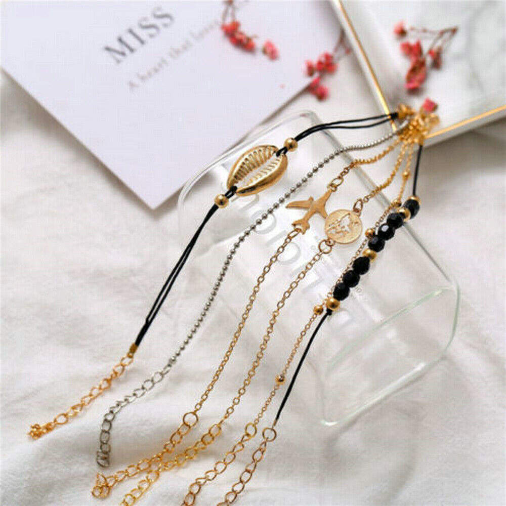 6 Pcs Fashion Women Boho Shell Airplane Beads Map Chain Bracelet Bangle Jewelry