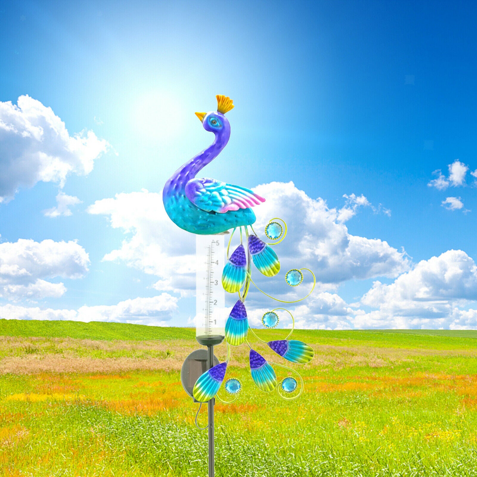 Beautiful Peacock Rain Gauge Solar LED Light Decorative Yard Garden Decor