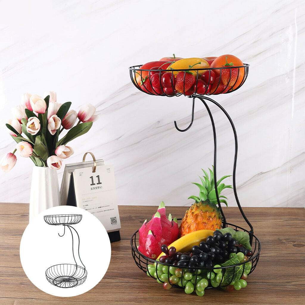 Home Iron Wire 2 Tier Fruit Basket Holder Bread Bowl Countertop Storage Rack